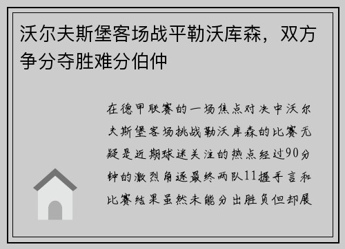 沃尔夫斯堡客场战平勒沃库森，双方争分夺胜难分伯仲